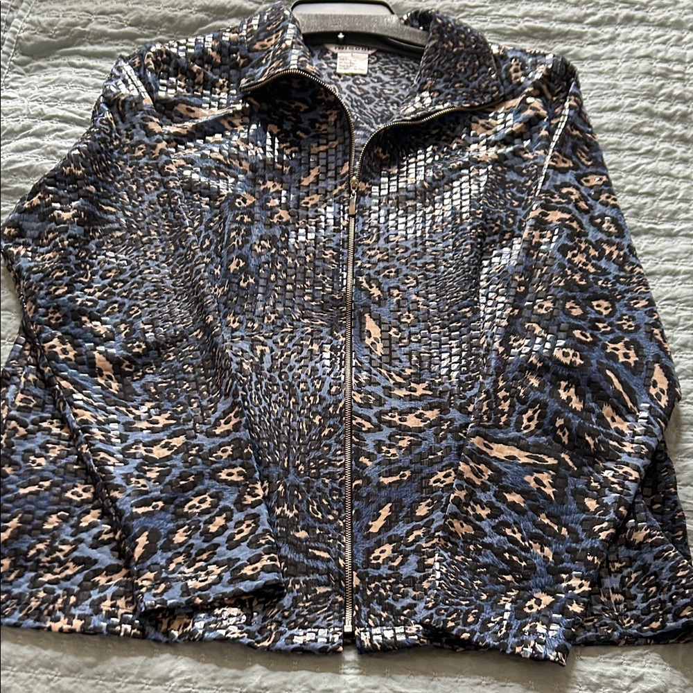 Misook Blue, Black and Tan Leopard Print Jacket. Shiny and Wonderful.